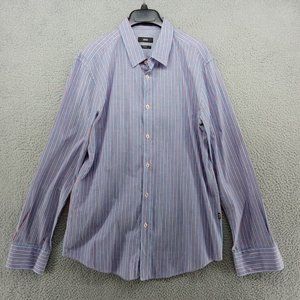 Hugo Boss Shirt Mens XL Blue Orange Stripe Broadcloth Woven Slim Fit Dress‎